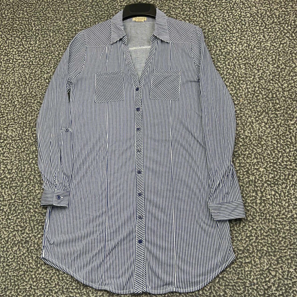 Passport Button Up Shirt Women Small Blue White Striped Long Sleeve Tunic S